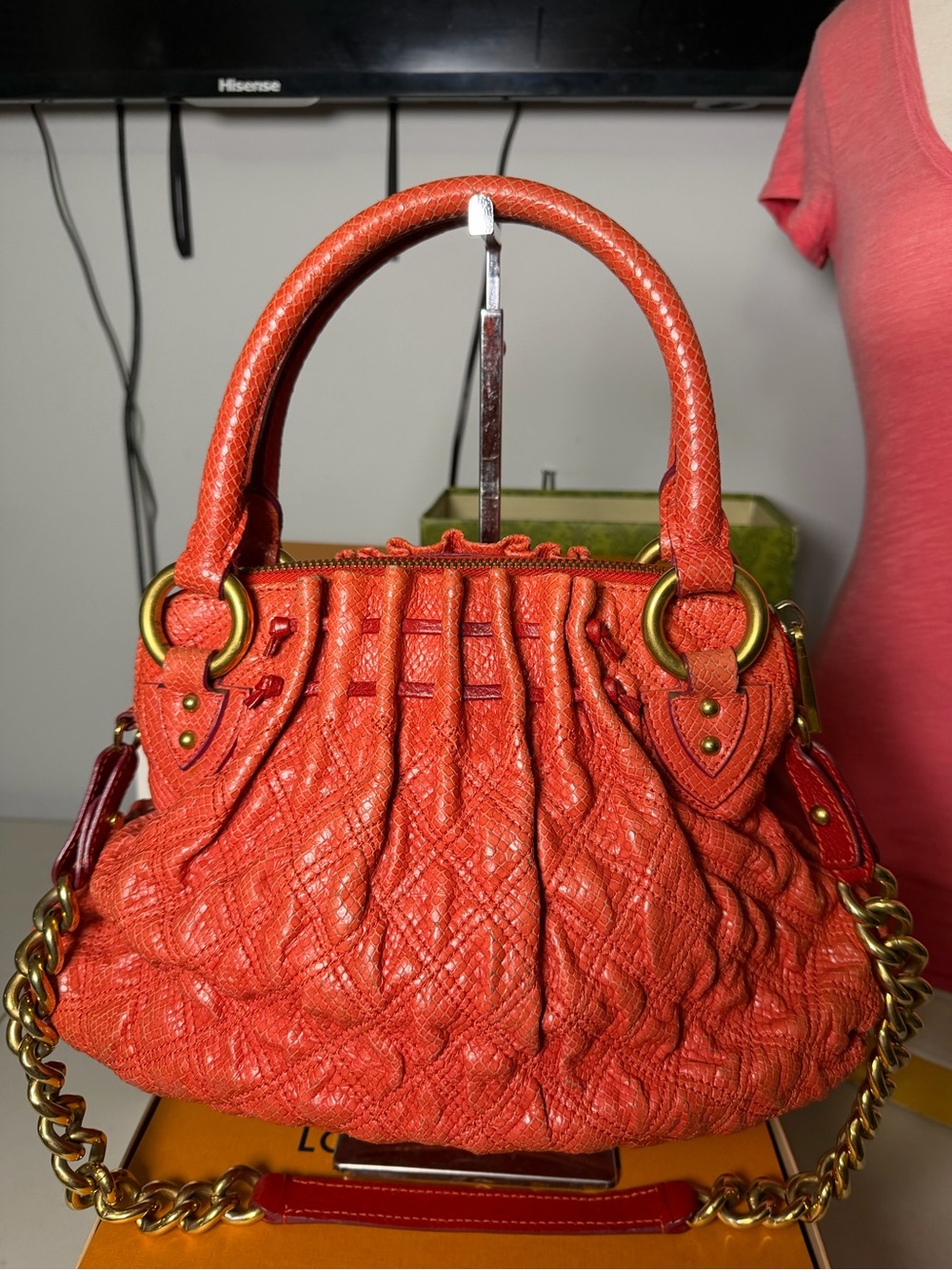 Marc Jacobs Embossed Python Leather Satchel – Coral Red